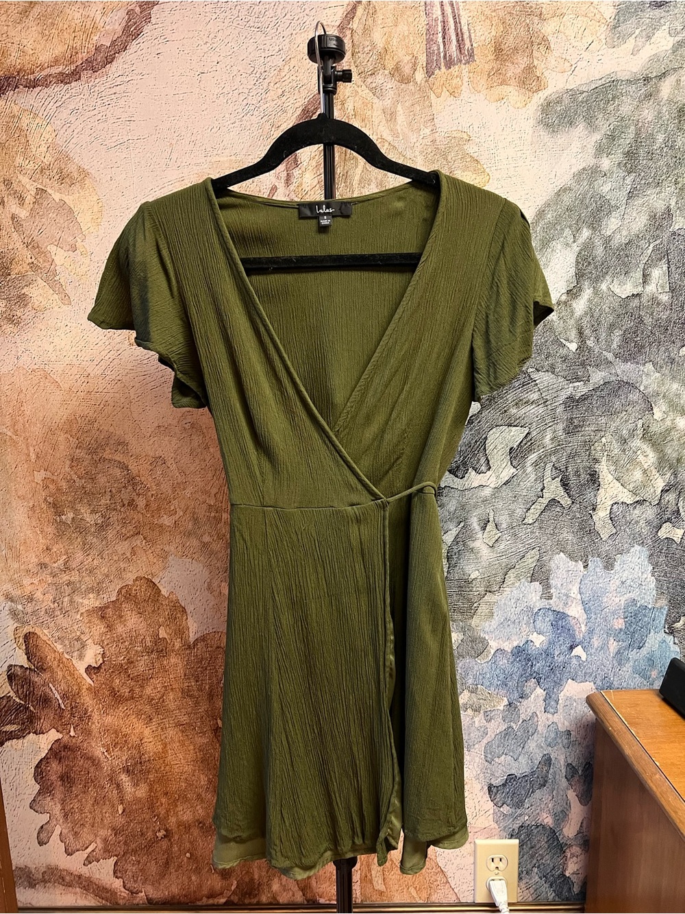 Lulu's Olive Wrap Mini Dress with Flutter Sleeves